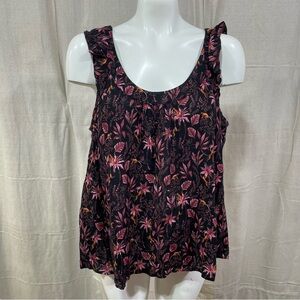 Fat Face Black/Pink Leaf Ruffle Tank